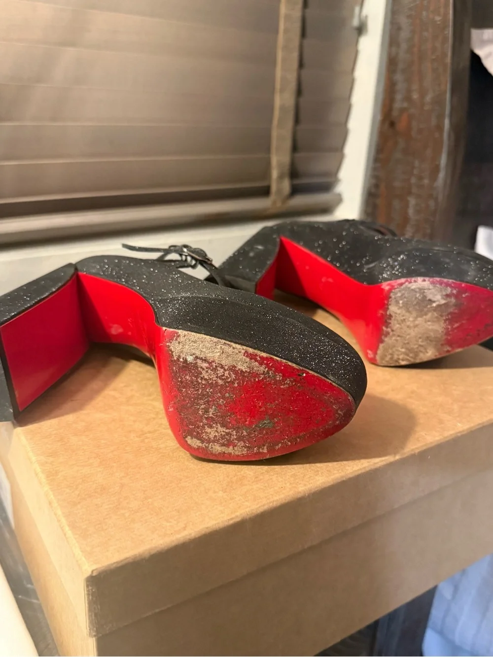 Christian Louboutin Movida Black Glitter Platform Mary Jane Heels with Red Sole